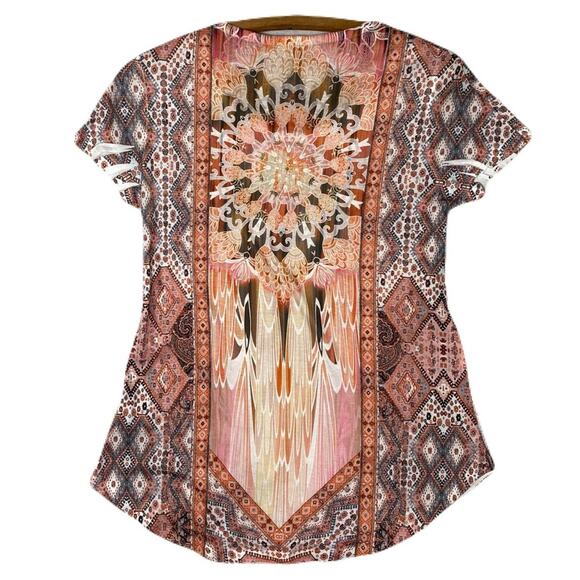 ONE WORLD Boho Printed Knit Flutter Sleeve T-Shirt Women’s Size S - Picture 4 of 11